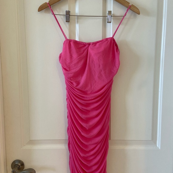NWT Superdown Emmie Mesh Mini Dress Hot Pink Ruched Mesh Bodycon Revolve Sz M - Picture 7 of 10
